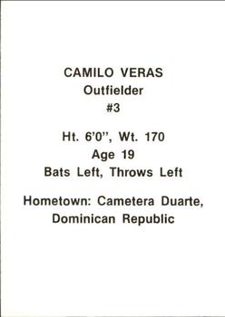 1984 Idaho Falls A's #27 Camilo Veras Back