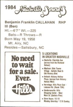 1984 Hills Nashville Sounds #NNO Ben Callahan Back