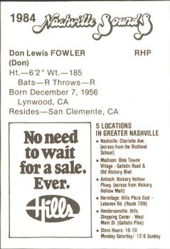 1984 Hills Nashville Sounds #NNO Don Fowler Back