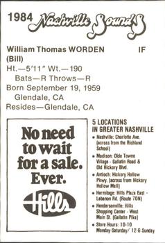 1984 Hills Nashville Sounds #NNO Bill Worden Back