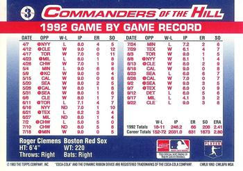 1993 Topps/Coca-Cola Commanders of the Hill #3 Roger Clemens Back
