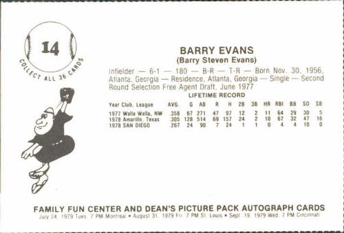 1979 Family Fun Center Dean's Photo San Diego Padres #14 Barry Evans Back
