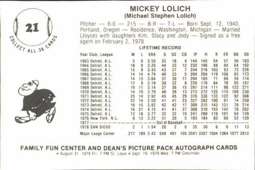 1979 Family Fun Center Dean's Photo San Diego Padres #21 Mickey Lolich Back