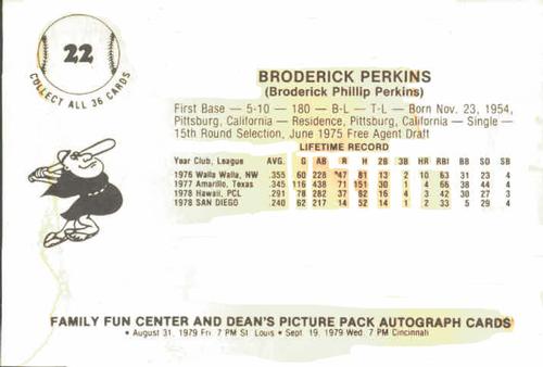 1979 Family Fun Center Dean's Photo San Diego Padres #22 Broderick Perkins Back