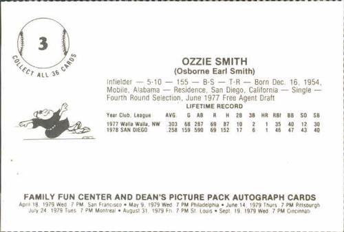 1979 Family Fun Center Dean's Photo San Diego Padres #3 Ozzie Smith Back