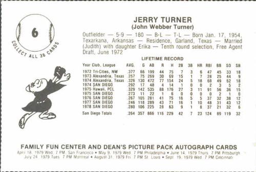 1979 Family Fun Center Dean's Photo San Diego Padres #6 Jerry Turner Back