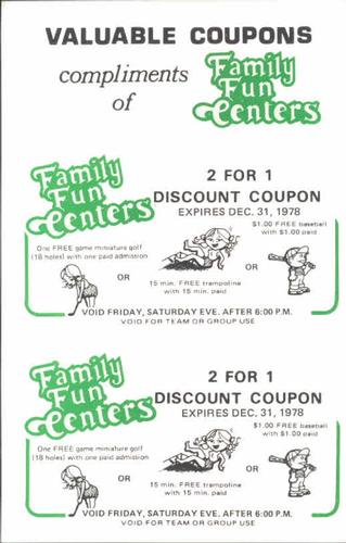 1978 Family Fun Center San Diego Padres #NNO Family Fun Centers Coupons Front