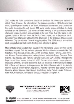 2007 Choice International League Top Prospects #01 Cover Card / Checklist Back