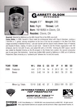 2007 Choice International League Top Prospects #24 Garrett Olson Back