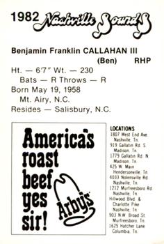 1982 Nashville Sounds #NNO Ben Callahan Back