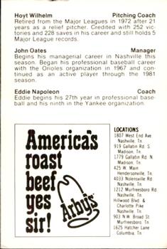 1982 Nashville Sounds #NNO Managers And Coaches (Hoyt Wilhelm / John Oates / Ed Napoleon) Back