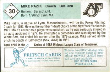 1982 Fritsch Appleton Foxes #30 Mike Pazik Back
