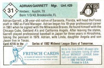 1982 Fritsch Appleton Foxes #31 Adrian Garrett Back