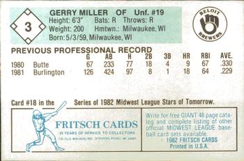 1982 Fritsch Beloit Brewers #3 Gerry Miller Back