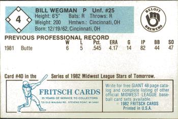 1982 Fritsch Beloit Brewers #4 Bill Wegman Back