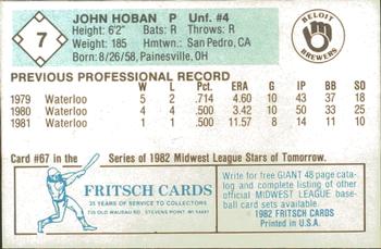 1982 Fritsch Beloit Brewers #7 John Hoban Back