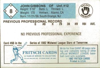 1982 Fritsch Beloit Brewers #8 John Gibbons Back