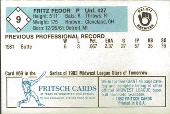 1982 Fritsch Beloit Brewers #9 Fritz Fedor Back