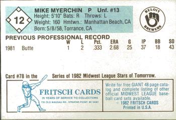 1982 Fritsch Beloit Brewers #12 Mike Myerchin Back