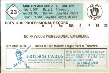 1982 Fritsch Beloit Brewers #23 Martin Antunez Back
