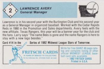 1982 Fritsch Burlington Rangers #2B Lawrence Avery Back