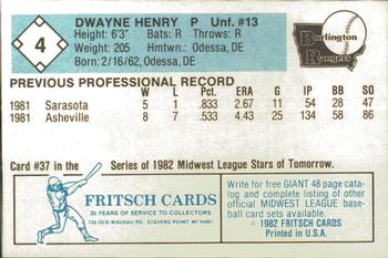 1982 Fritsch Burlington Rangers #4 Dwayne Henry Back