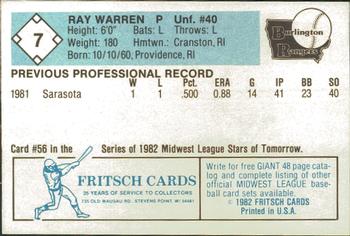1982 Fritsch Burlington Rangers #7 Ray Warren Back