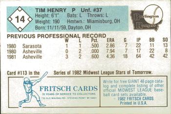 1982 Fritsch Burlington Rangers #14 Tim Henry Back