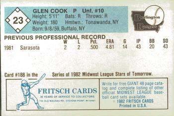 1982 Fritsch Burlington Rangers #23 Glen Cook Back