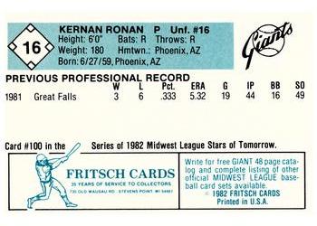 1982 Fritsch Clinton Giants #16 Kernan Ronan Back