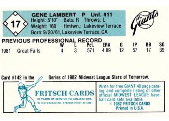 1982 Fritsch Clinton Giants #17 Gene Lambert Back