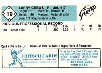 1982 Fritsch Clinton Giants #19 Larry Crews Back