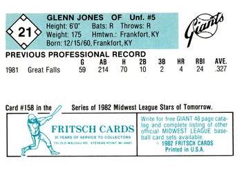 1982 Fritsch Clinton Giants #21 Glenn Jones Back