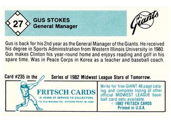 1982 Fritsch Clinton Giants #27 Gus Stokes Back