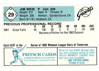 1982 Fritsch Clinton Giants #29 Jim Weir Back