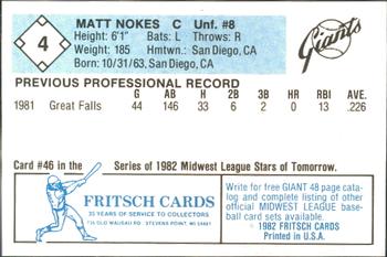 1982 Fritsch Clinton Giants #4 Matt Nokes Back