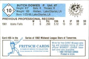 1982 Fritsch Danville Suns #10 Butch Dowies Back