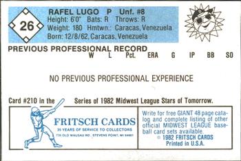 1982 Fritsch Danville Suns #26 Rafael Lugo Back