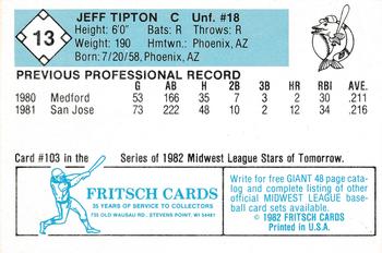 1982 Fritsch Madison Muskies #13 Jeff Tipton Back