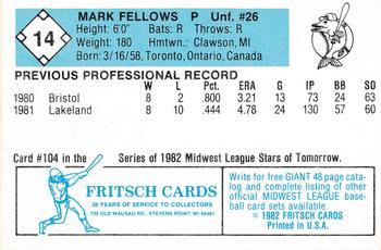 1982 Fritsch Madison Muskies #14 Mark Fellows Back