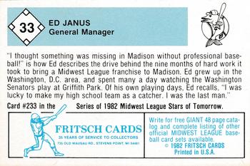 1982 Fritsch Madison Muskies #33 Ed Janus Back