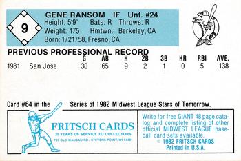 1982 Fritsch Madison Muskies #9 Gene Ransom Back