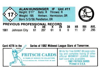 1982 Fritsch Springfield Cardinals #17 Alan Hunsinger Back
