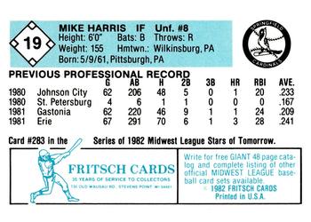1982 Fritsch Springfield Cardinals #19 Mike Harris Back