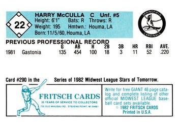 1982 Fritsch Springfield Cardinals #22 Harry McCulla Back