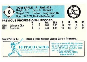 1982 Fritsch Springfield Cardinals #8 Tom Epple Back