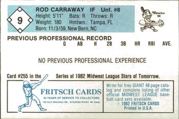1982 Fritsch Waterloo Indians #9 Rod Carraway Back