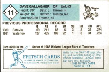 1982 Fritsch Waterloo Indians #11 Dave Gallagher Back