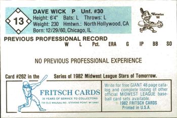 1982 Fritsch Waterloo Indians #13 Dave Wick Back