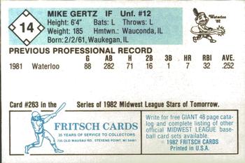 1982 Fritsch Waterloo Indians #14 Mike Gertz Back